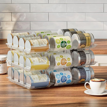 Stackable 3-Tier Can Organizer for Pantry & Fridge – Clear Auto-Rolling Rack Holds 36 Cans | Space-Saving Storage for Soda & Canned Food (3 Interlocking Sets)