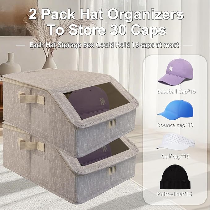 Stackable Hat Storage for Baseball Caps, Holds up to 30 Caps with Cardboard, Hat Organizer for Women & Men, 2 PCS Hat Storage Boxes for Closet, Beige