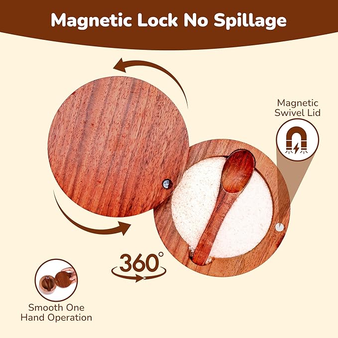 Wooden Salt Cellar with Magnetic Swivel Lid & Built-in Spoon, Salt Box for Kitchen Countertop, Premium Rosewood Salt Keeper for Sea Salt, Pepper & Spices (4.5 oz)