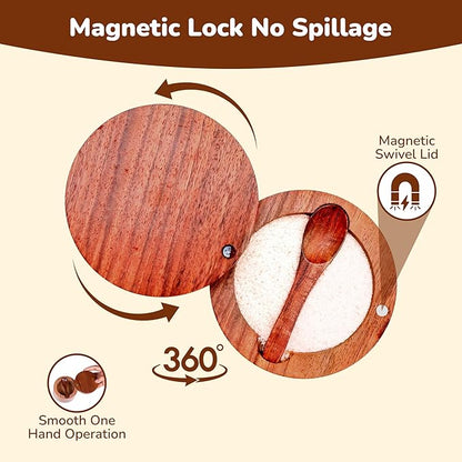 Wooden Salt Cellar with Magnetic Swivel Lid & Built-in Spoon, Salt Box for Kitchen Countertop, Premium Rosewood Salt Keeper for Sea Salt, Pepper & Spices (4.5 oz)