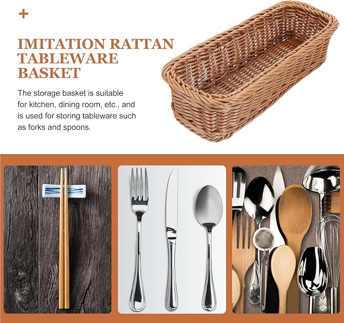Angoily Rattan Woven Basket Tableware Storage Box for Chopsticks Forks Knives Lightweight Kitchen Utensil Organizer 11.81X4.33X2.75 Inches Compact Holder