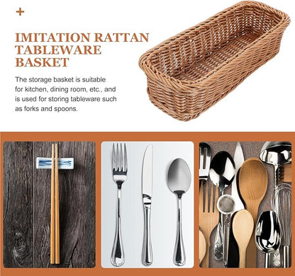 Angoily Rattan Woven Basket Tableware Storage Box for Chopsticks Forks Knives Lightweight Kitchen Utensil Organizer 11.81X4.33X2.75 Inches Compact Holder