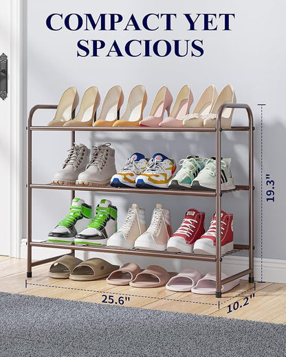 Kitsure Shoe Rack - Stainless Steel Shoe Organizer, Sturdy Shoe Rack for Closet and Front Door Entrance, Free Standing Shoe Shelf, Closet Organizers and Storage, 25.6" Wide - 3 Tier, Brown