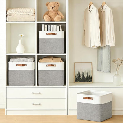 Bagnizer 13x13 Cube Storage Bins, Collapsible Fabric Storage Box, 4 Pack Closet Baskets with Handles for Organizing, Shelf, Toys, Clothes, Home, Office, Nursery (Grey&White)