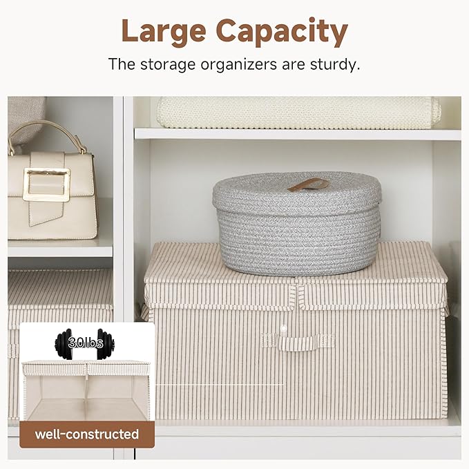 StorageWorks Extra Large Storage Bins with Lids, 55L Decorative Organizer with Divider Board, Fabric Boxes with Handles, Khaki and Beige Stripes, 2-Pack