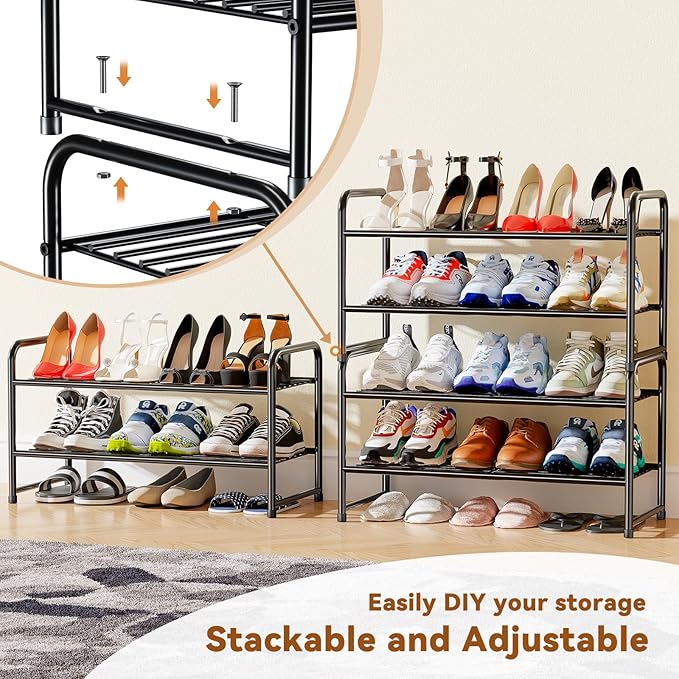 Simple Shoe Rack, 2 Tier Heavy Duty Metal Shoe Shelf 27 Inch Wide, Black