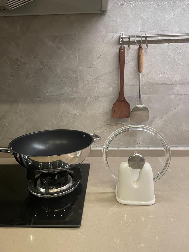 Pot Lid Holder, Large Ceramic Lid Rest for Kitchen Countertop & Stovetop - Heat Resistant, Stable Design for Pans & Pots (White)