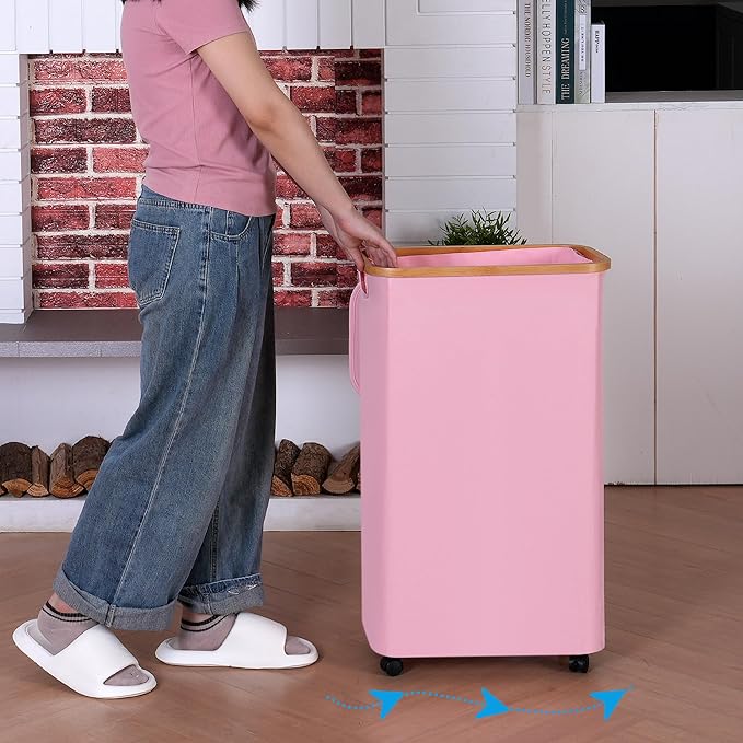 iEGrow 75L Laundry Basket with Wheels,Clothes Hamper for Laundry,Laundry Hamper with Lid and Inner Bag, for Laundry Room, Bedroom, Dormitory Storage,Pink