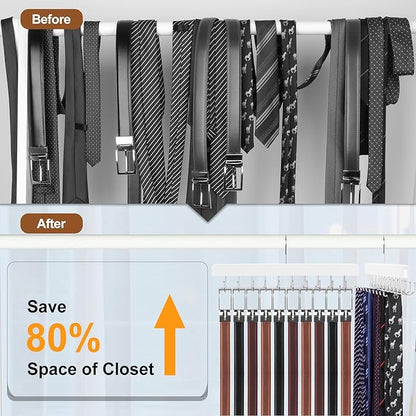 TOPIA HANGER 2 Pack 2 in 1 Belt Tie Hanger for Closet Max 60 Belts with 60 Ties Capacity, 40 Hooks Belt Tie Racks Wooden Hanger for Closet Organizer Storage “U” Fit Belt and “一” Fit Tie - CT52W