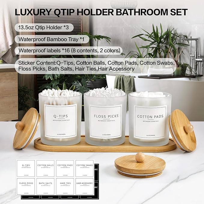 3 Pack Qtip Holder Bathroom Set with Tray,13.5oz Cotton Round Ball Pad Holder Cotton Swab Floss Pick Dispenser,Glass Apothecary Jars Canisters with Lids,Bathroom Organizers and Storage Container
