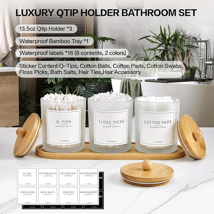3 Pack Qtip Holder Bathroom Set with Tray,13.5oz Cotton Round Ball Pad Holder Cotton Swab Floss Pick Dispenser,Glass Apothecary Jars Canisters with Lids,Bathroom Organizers and Storage Container