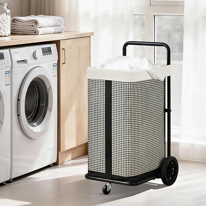 STORAGE MANIAC Rolling Laundry Cart with Wheels 37.4"H Laundry Hamper with Removable and Washable Canvas Liner Heavy Duty Laundry Basket Sorter Utility Cart Steel Frame for Clothes & Groceries, Beige