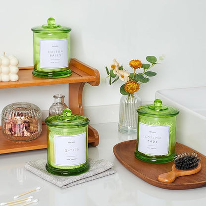 Ronasip 3 Pack Green Qtip Holder Dispenser, 16oz Bathroom Organizer and Storage Canisters, Glass Apothecary Jars with Lid - Home Decor, Room Decor Aesthetic