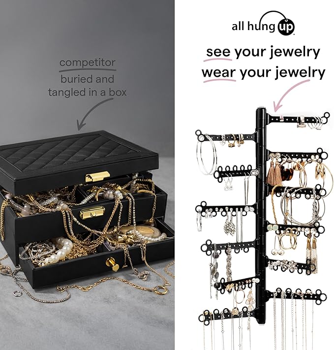 AllHungUp 12-Tier Wall Jewelry Organizer Wall Mounted Jewelry Organizer Necklace Holder Wall Mount Hanging Necklace Organizer Jewelry Hanger Wall Mounted Earring Holder Display Earring Organizer Black