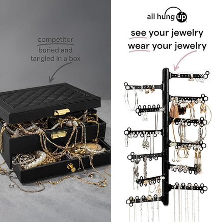 AllHungUp 12-Tier Wall Jewelry Organizer Wall Mounted Jewelry Organizer Necklace Holder Wall Mount Hanging Necklace Organizer Jewelry Hanger Wall Mounted Earring Holder Display Earring Organizer Black