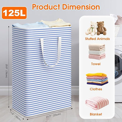 3 Pack Large Laundry Basket,Waterproof & Freestanding Laundry Hamper,Collapsible Clothes Hampers with Easy Carry Long & Reinforced Handles in Bathroom,College Dorm(125Lx3,Blue)