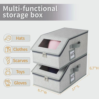 2 PCS Hat Organizer for Baseball Caps Stackable HatBox Hat Rack Hold Up to 24 Caps Hat Storage for Closet with Clear Window Space-Saving Fabric Hat Holder