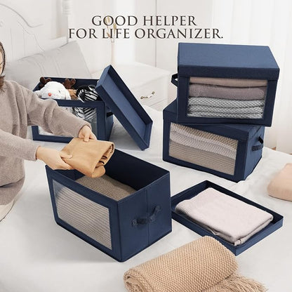 Homsorout Stackable Storage Bins with Lids - Medium Storage Box with Lids, Foldable Closet Boxes for Organizing, Wardrobe Clothes Organizer with Window, Cubes Bins for Living Room, 5 Pack, Navy Blue