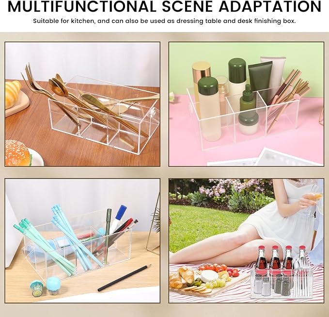Acrylic Utensil Holder Silverware Organizer with Handle and 4 Compartments Multipurpose Party Utensil Holder for Countertop Table Buffet Picnic Clear Kitchen Space-Saving