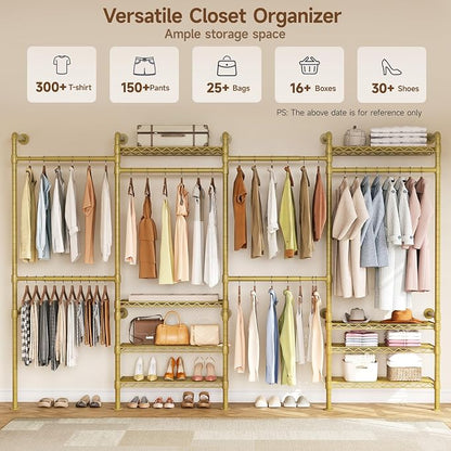 ONBRILL H4 Wall Mounted Closet System, Expandable Industrial Pipe Clothes Rack Clothing Rack for Hanging Clothes, Heavy Duty Closet Organizers and Storage in Wardrobe Closet - Gold