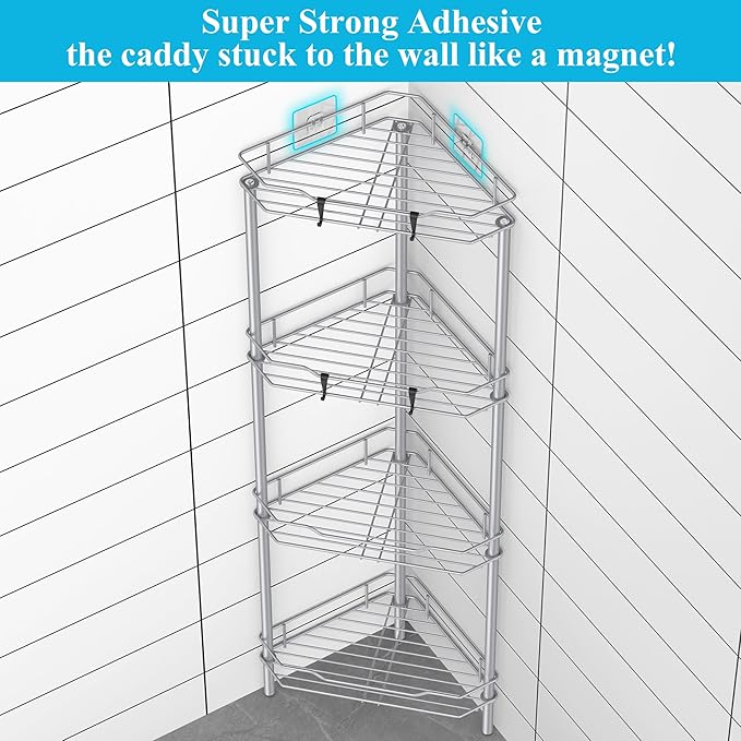 HuggieGems 4 Tier Floor Standing Corner Shower Caddy Organizer Shelf with Hooks, Bathroom Shelves Stand Rack, Silver