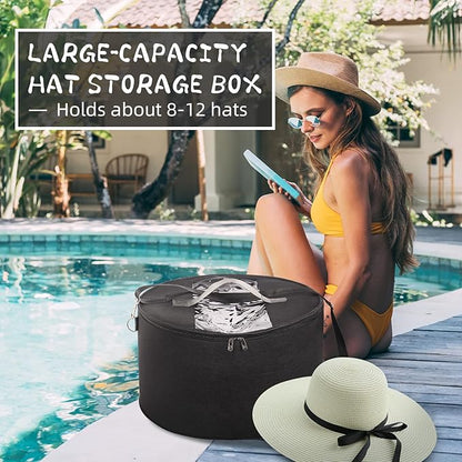 LITLANDSTAR Organizer for Women and Men, Round Storage Box Portable Felt Container Foldable Hat Holder With Dust Proof Lid, Rack for Closet or Travel (17" D x 10" H, Black)