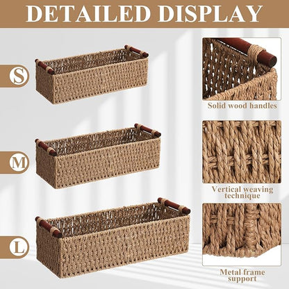 Boao 3 Pcs Boho Storage Wicker Baskets Handmade Woven Decorative Paper Rope Baskets for Organizing with Handle Countertop Toilet Paper Storage Container for Toilet Tank Top(Natural Color,Rectangle)