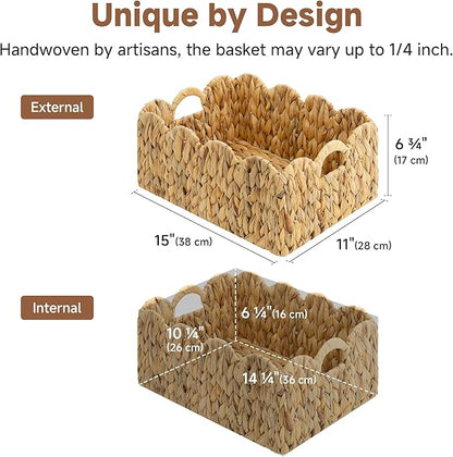 StorageWorks Scalloped Water Hyacinth Baskets, Hand-woven Rattan Baskets with Built-in Handles, Cute Baby Basket for Nursery, Basket for Organizing and Decor, 15"L x 11"W x 6¾"H