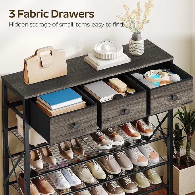 YATINEY 5-Tier Shoe Rack with 3 Drawers, Metal Shoe Organizer for 20 Pairs with Storage Shelves and Wooden Top, for Entryway, Hallway, Foyer, Closet, Charcoal and Black SS35BC