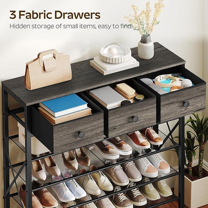 YATINEY 5-Tier Shoe Rack with 3 Drawers, Metal Shoe Organizer for 20 Pairs with Storage Shelves and Wooden Top, for Entryway, Hallway, Foyer, Closet, Charcoal and Black SS35BC