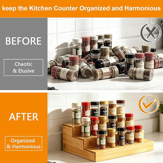 Spice Rack Organizer for Cabinet - Bamboo Spice Shelf, 3 Tier Seasoning Organizer for Countertop, Kitchen, Pantry 2 Pack