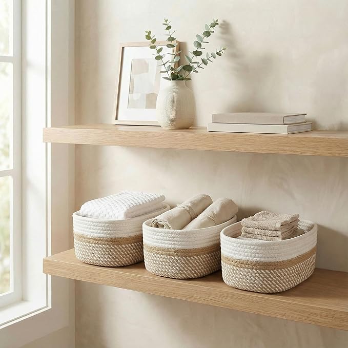 Beautiful Storage Basket Set of 3 - Sturdy Jute Rope Baskets for Shelves Are Perfect for Organizing Your Home - Quality Storage Bins Easily Fit With Any Nursery or Bedroom Decor
