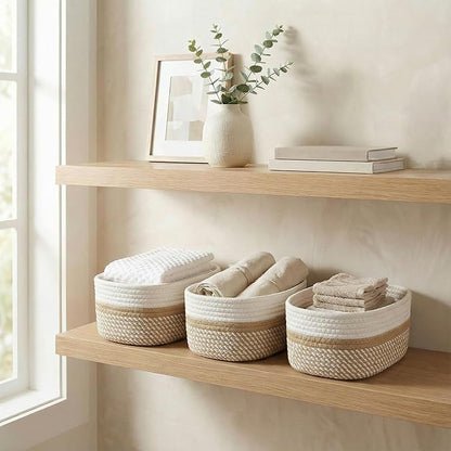 Beautiful Storage Basket Set of 3 - Sturdy Jute Rope Baskets for Shelves Are Perfect for Organizing Your Home - Quality Storage Bins Easily Fit With Any Nursery or Bedroom Decor