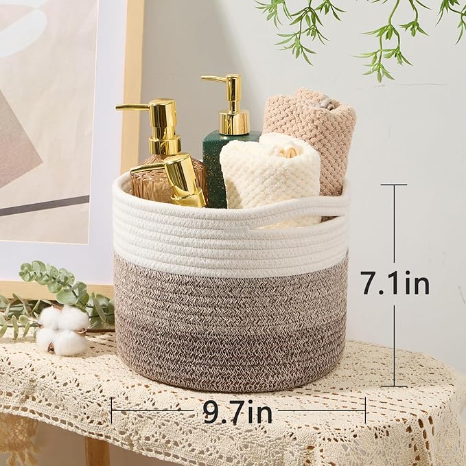 MiniArk Small Basket for Organizing | Cube Shelf Closet Storage Baskets | 9.7×9.7×7.1” | Woven Rope Gift Basket | Nursery | Round 3 Packs Gradient Brown