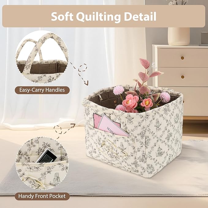 Storage Basket Boho Fabric Large Collapsible Floral Laundry Nursery Hamper Portable Folding Storage for Clothes Toys (Vine-Coffee)