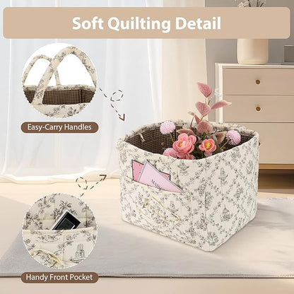 Storage Basket Boho Fabric Large Collapsible Floral Laundry Nursery Hamper Portable Folding Storage for Clothes Toys (Vine-Coffee)