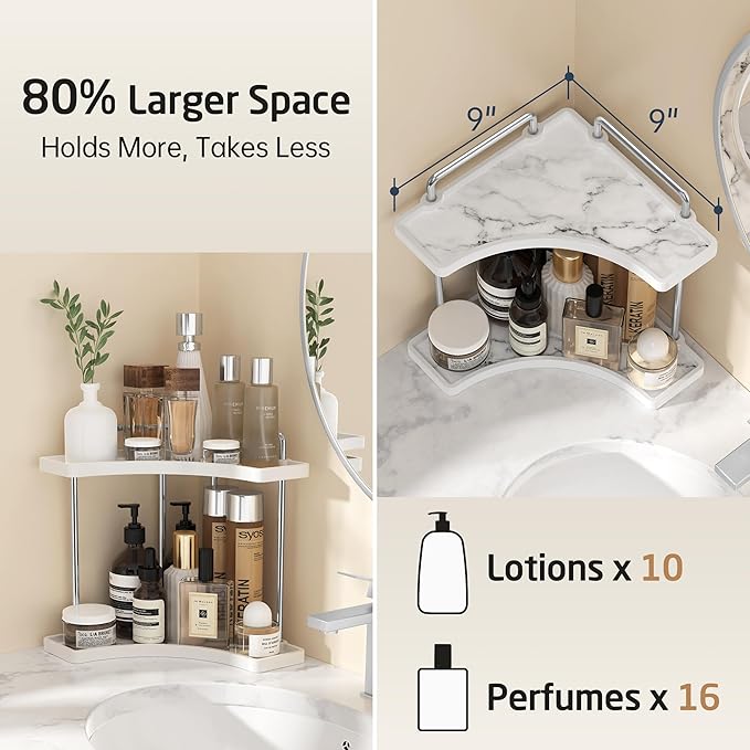 KES Ceramic Bathroom Corner Countertop Organizer, 2-Tier Marble Pattern Corner Counter Shelf, Vanity Skincare Perfume Organizer and Makeup Storage, Polished Chrome, BSC900B-CH