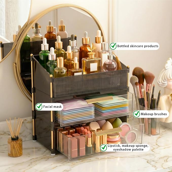 Large Capacity Makeup Organizer Countertop with Brush Holder, Vanity Skincare Perfume Storage Box for Bathroom, Mother's Day Birthday Anniversary Teen Girl Gifts for Women Mom