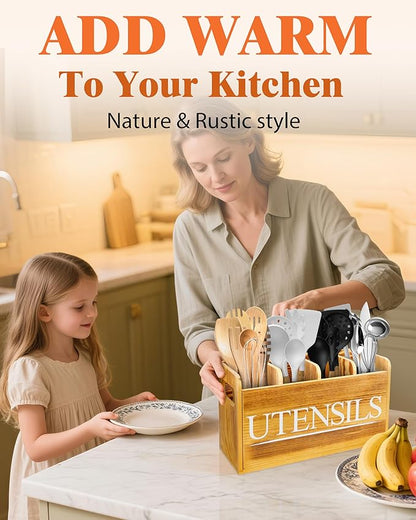 Kitchen Utensil Holder for Kitchen Counter Large Wooden Organizer for Cooking Utensils Utensil Holder Counter Farmhouse Décor (Farmhouse Wooden)