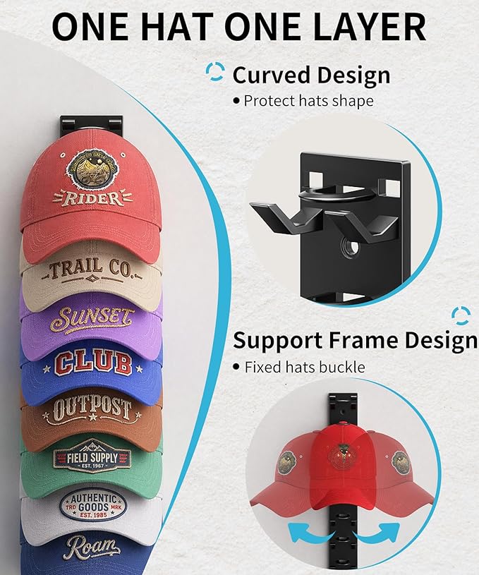Hat Rack for Wall, 27 Hats Organizer Storage for Baseball Caps with Strong Adhesive & Drilling Screw, Hat Hanger Holder for Closet, Bedroom, 3 Pack
