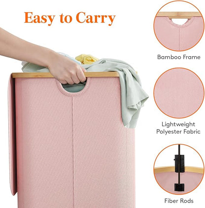 Lifewit 150L Laundry Basket with Lid, Clothes Hampers for Laundry with Bamboo Handles and 2 Removable Bag, Large Foldable Laundry Hamper for Bedroom, Bathroom, Dorm, Laundry Room, Pink