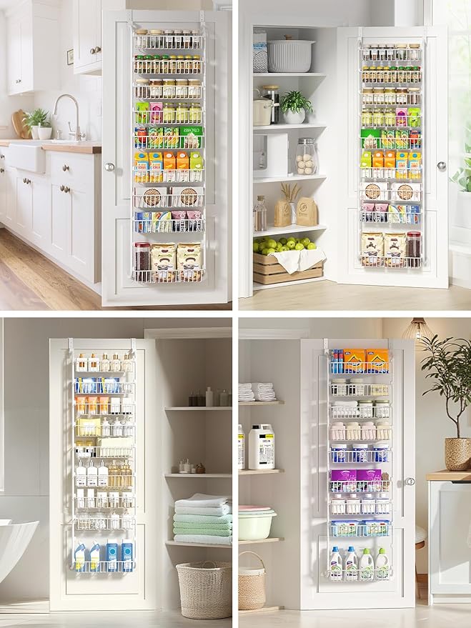 Delamu Over The Door Pantry Organizer, 9-Tier Pantry Door Organizers and Storage with Adjustable Basket, Metal Hanging Spice Rack, Seasoning Organizer, Door Organizer for Home Kitchen Bathroom, White