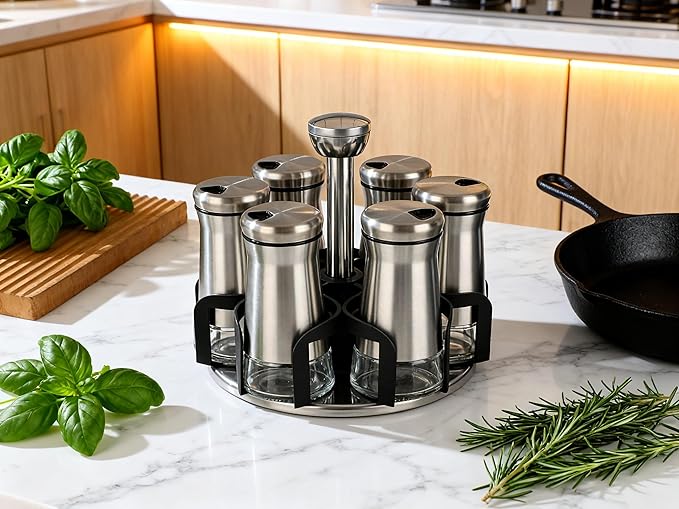 360° Rotating Spice Rack，Spice Rack Organizer for Cabinet - Includes 6pcs Glass Spice Jars and Labels,Spice Storage, Cooking, Outdoor BBQ,(Spices Not Included) (Modern)