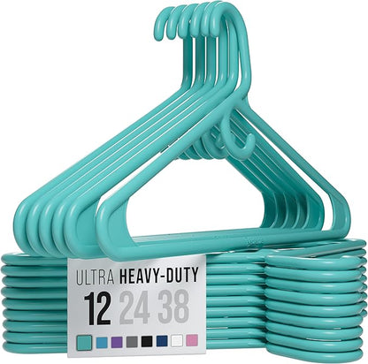 NEATERIZE Thick Heavy Duty Hangers - Aqua Plastic Clothes Hangers 12 Pack - Great for Coat Hanger, Jackets Jeans & Suit Hanger for Closet - New Apartment Essentials Percheros Ganchos para Colgar Ropa