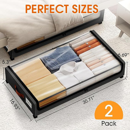 SpaceHacks Under Bed Storage with Wheels 2Pack Storage Containers with Clear Window&Label Under Bed Drawers Rolling Under Bed Storage for Clothes,Shoes, Blankets (30.71 x 16.93 x 6.69 in, Black)