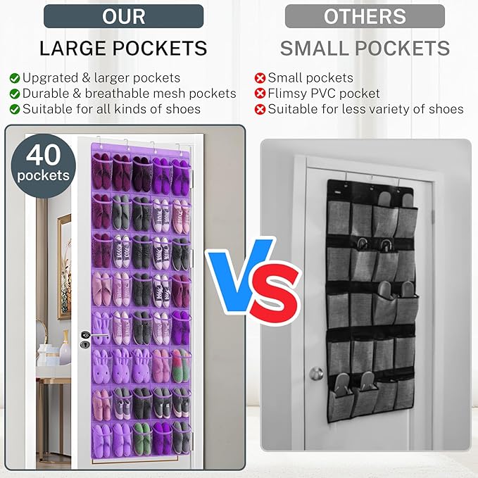 40-Pocket Over the Door Shoe Organizer - Large Mesh Pocket Hanging Shoe Organizer,Behind the Door Shoes Storage Holder Hanger