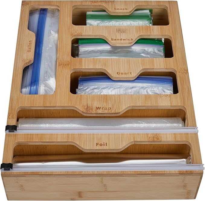 Kitchen Details Drawer Organizer | Multiple Food Storage Bag Compartments | Stores Up to 6 sizes | Kitchen Organization | Built In Slide Cuttlers | Bamboo