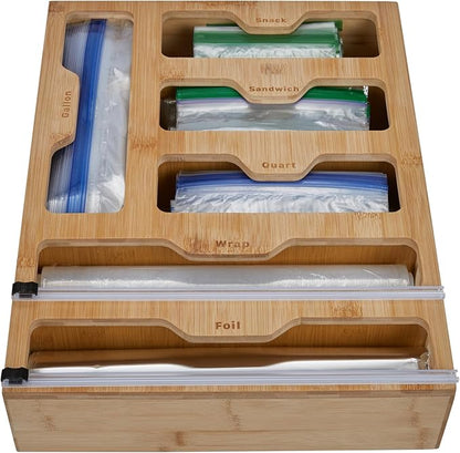 Kitchen Details Drawer Organizer | Multiple Food Storage Bag Compartments | Stores Up to 6 sizes | Kitchen Organization | Built In Slide Cuttlers | Bamboo