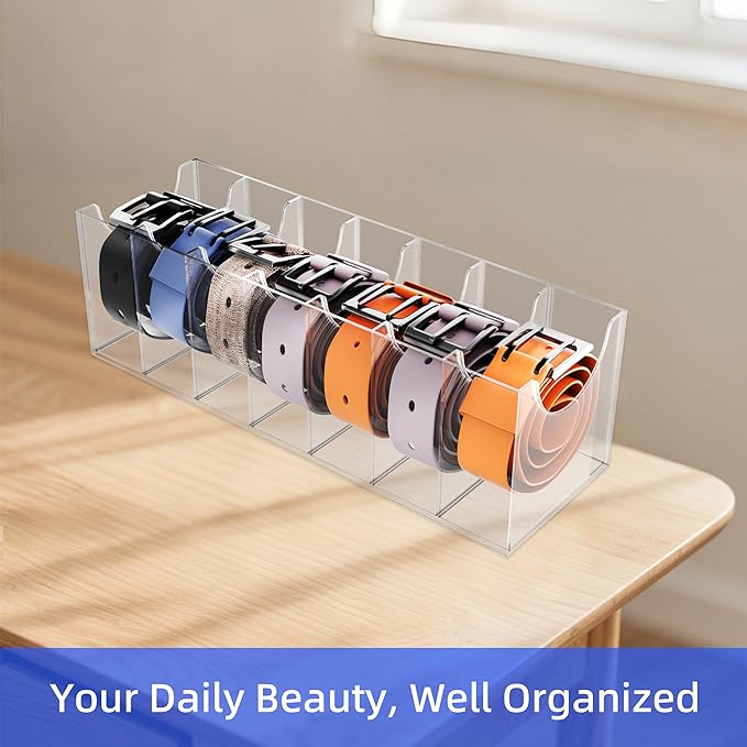 Acrylic Belt Organizer Box with 7 Compartments, Wall-Mount or Desktop Belt Storage for Men & Women, Holds Large Buckle Belts, Transparent Belt Holder for Closet Drawer Dresser (7 Compartments)
