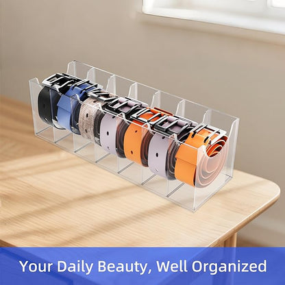 Acrylic Belt Organizer Box with 7 Compartments, Wall-Mount or Desktop Belt Storage for Men & Women, Holds Large Buckle Belts, Transparent Belt Holder for Closet Drawer Dresser (7 Compartments)